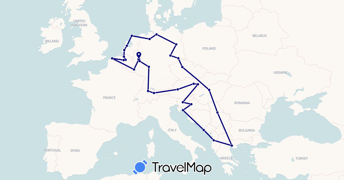 TravelMap itinerary: driving in Albania, Austria, Belgium, Switzerland, Czech Republic, Germany, France, Greece, Croatia, Hungary, Liechtenstein, Luxembourg, Netherlands, Serbia, Slovenia, Slovakia (Europe)